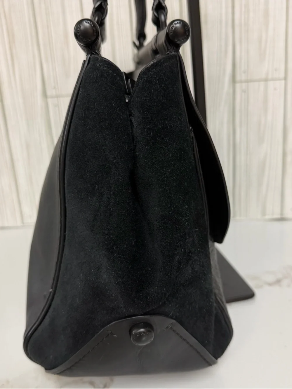 Coach Black Leather & Suede Satchel Top Handle Bag Turnlock Crossbody Purse